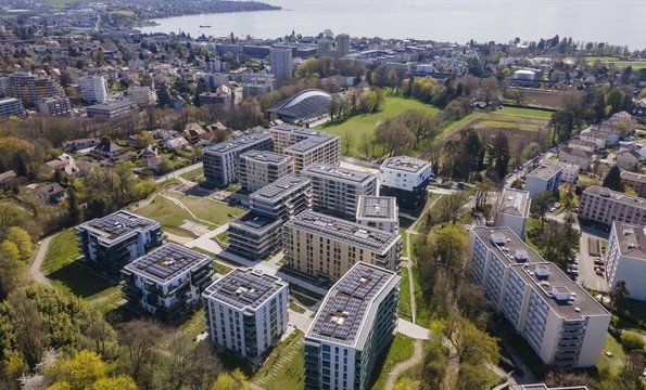 Vue aérienne du quartier Morges Ouest, où se situe l'éco-quartier Églantine